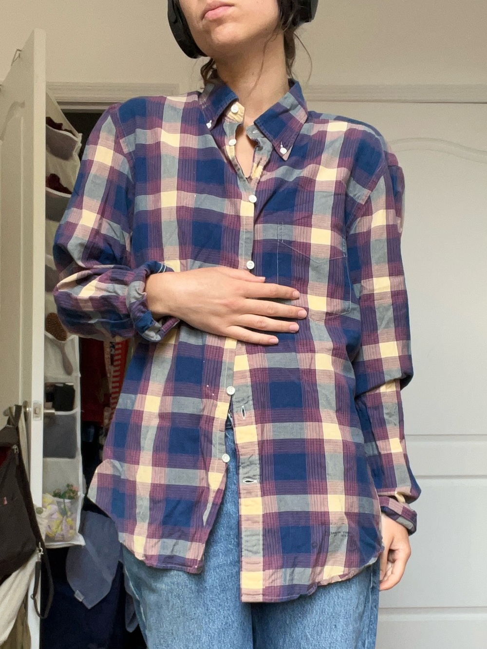 Vintage Indigo, Purple & Cream Plaid Button-Down Shirt, mens M